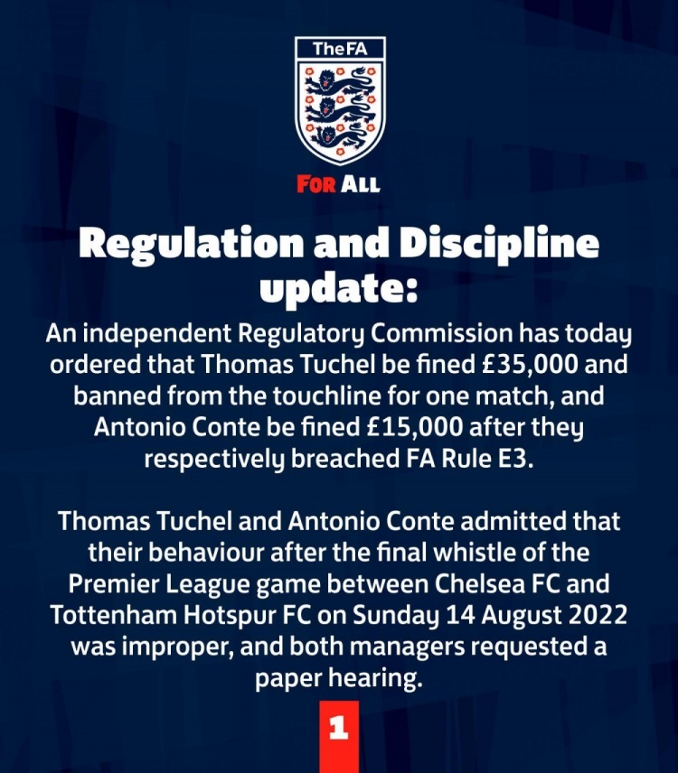 官方：图赫尔禁赛1场缓期执行+罚款3.5万镑 孔蒂未禁赛+罚1.5万镑