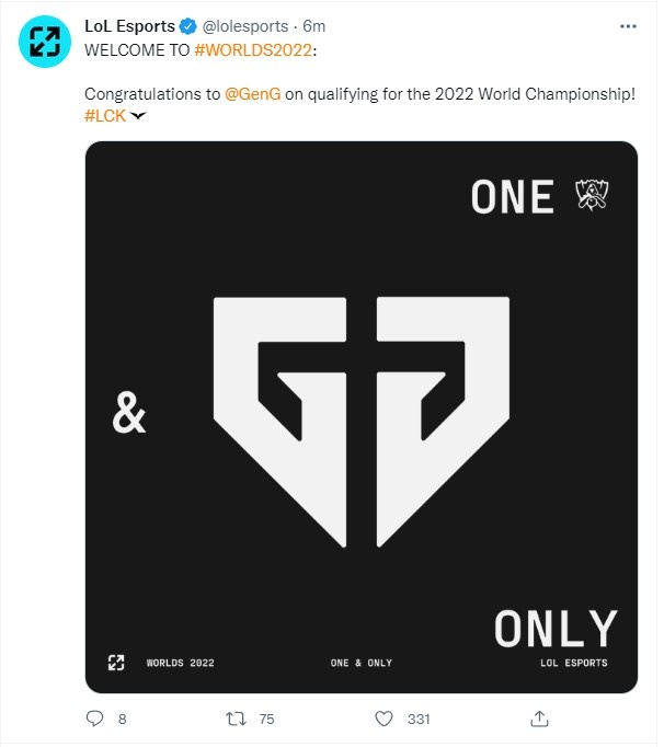 LoLEsports官推确认：祝贺GEN.G获得2022全球总决赛的参赛资格