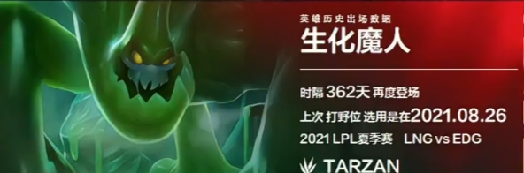 扎克时隔362天再次登上LPL的舞台 依旧为Tarzan选用