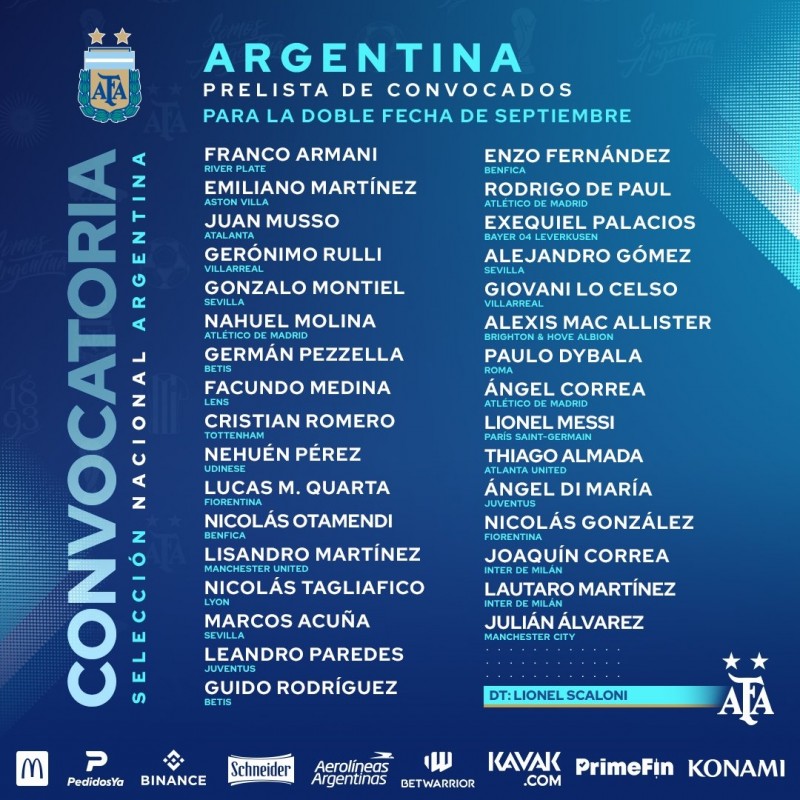 阿根廷大名单：梅西领衔，迪巴拉、阿尔瓦雷斯、利桑德罗入选