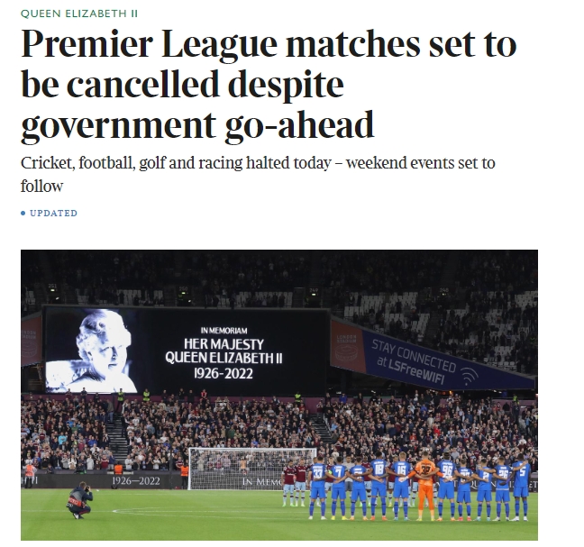 泰晤士报：尽管政府不强制要求，但英超决定推迟周末比赛