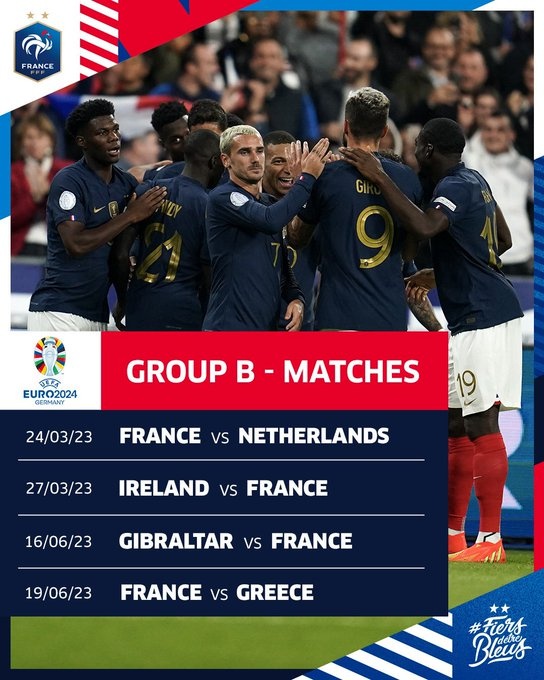 法国欧预赛赛程：明年3月24日主场战荷兰，10月13日踢客场