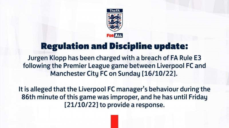英足总官方：对克洛普提出指控，因他在对阵曼城的比赛中行为不当