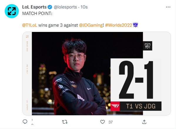 LoLesports：“关键一分，T1率先拿到了赛点”