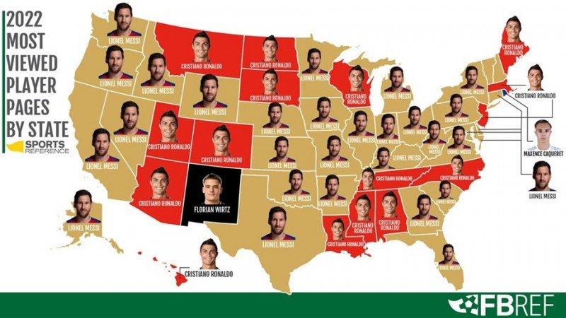 全美国各州球员搜索排行：梅西在32个州领先，C罗拿下16个州