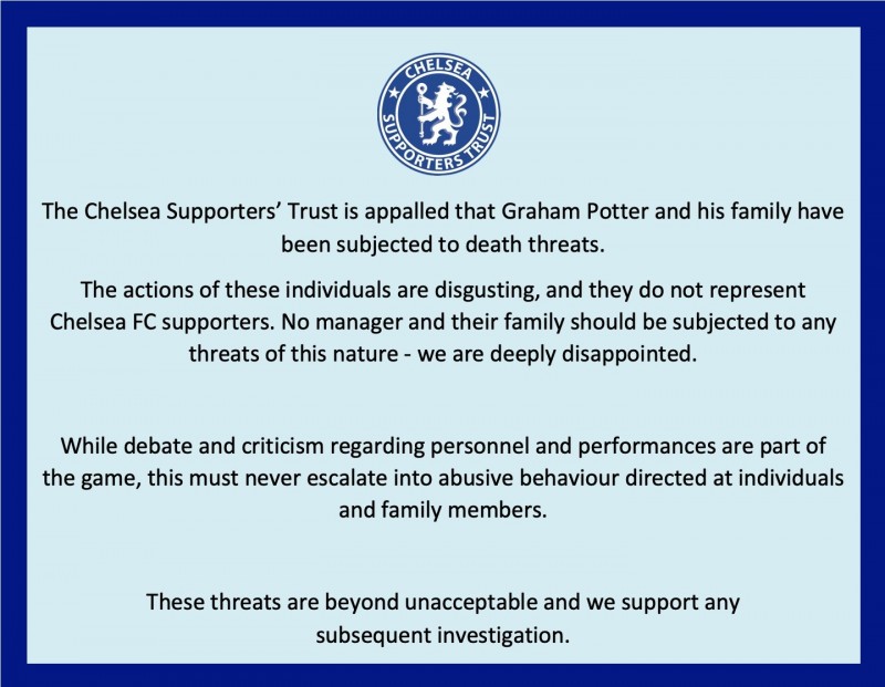 切尔西球迷信托基金：对波特及其家人的死亡威胁不可接受，请彻查