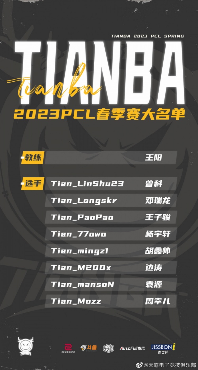 【QY球友会】天霸官宣战队大名单：Linshu、Longskr、Mingz1在列