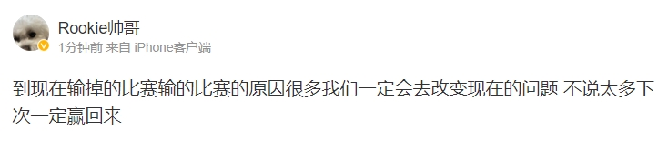 Rookie赛后更博：比赛输的原因很多 不说太多下次一定赢回来