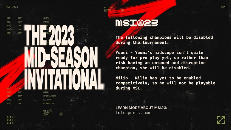 LoLesports官方消息：2023伦敦MSI将全程禁用 悠米、米利欧