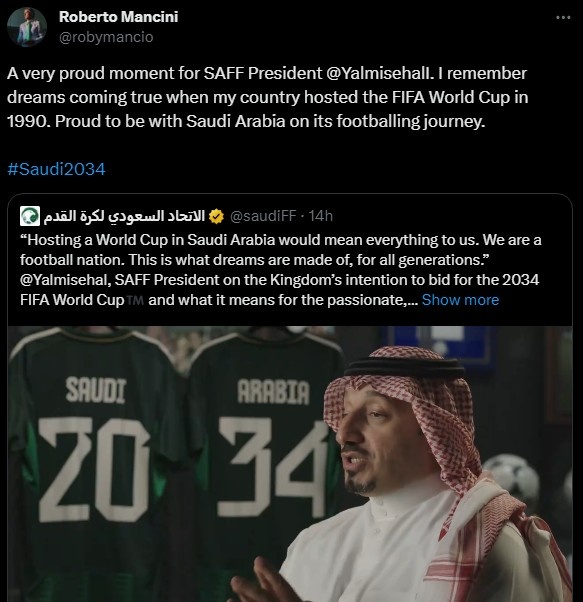 曼奇尼为沙特申办世界杯做推广：自豪能与沙特一起踏上这趟旅程