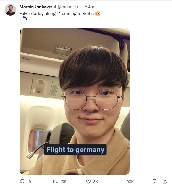 Faker随队T1前往德国，Jankos转发：噢~我的Faker Daddy来了?