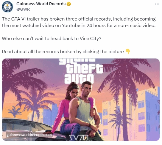 【QY球友会】《GTA6》预告获吉尼斯官方认证：打破三项世界纪录