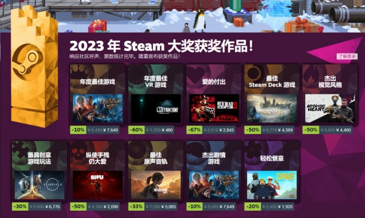 2023Steam游戏大奖结果公布：《博德之门3》获得年度最佳游戏