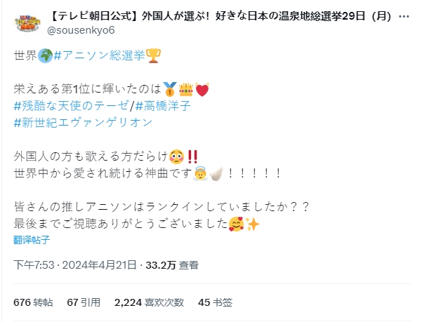 【QY球友会】日本电视台票选动漫歌曲排行：除日本外大家最爱《残酷天使的行动纲领》