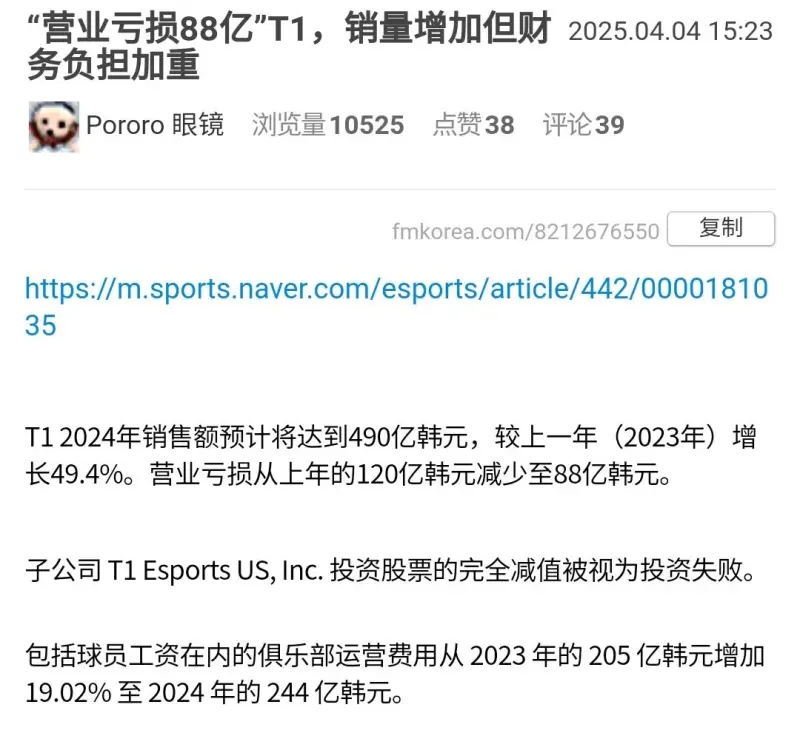 T1俱乐部24年营收490亿但仍亏损88亿 包选手在内运营费用达244亿