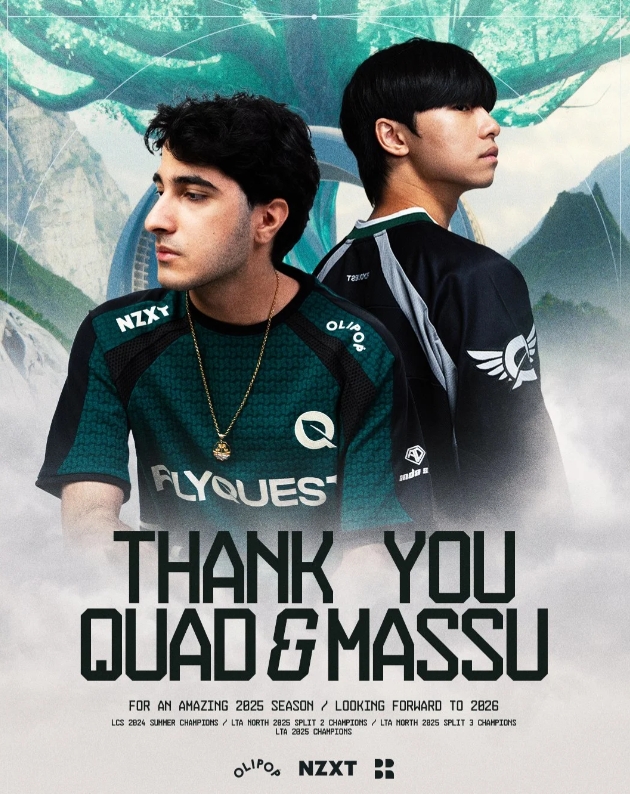 【QY球友会】FLY官宣:中单选手Quad、AD选手Massu正式离队