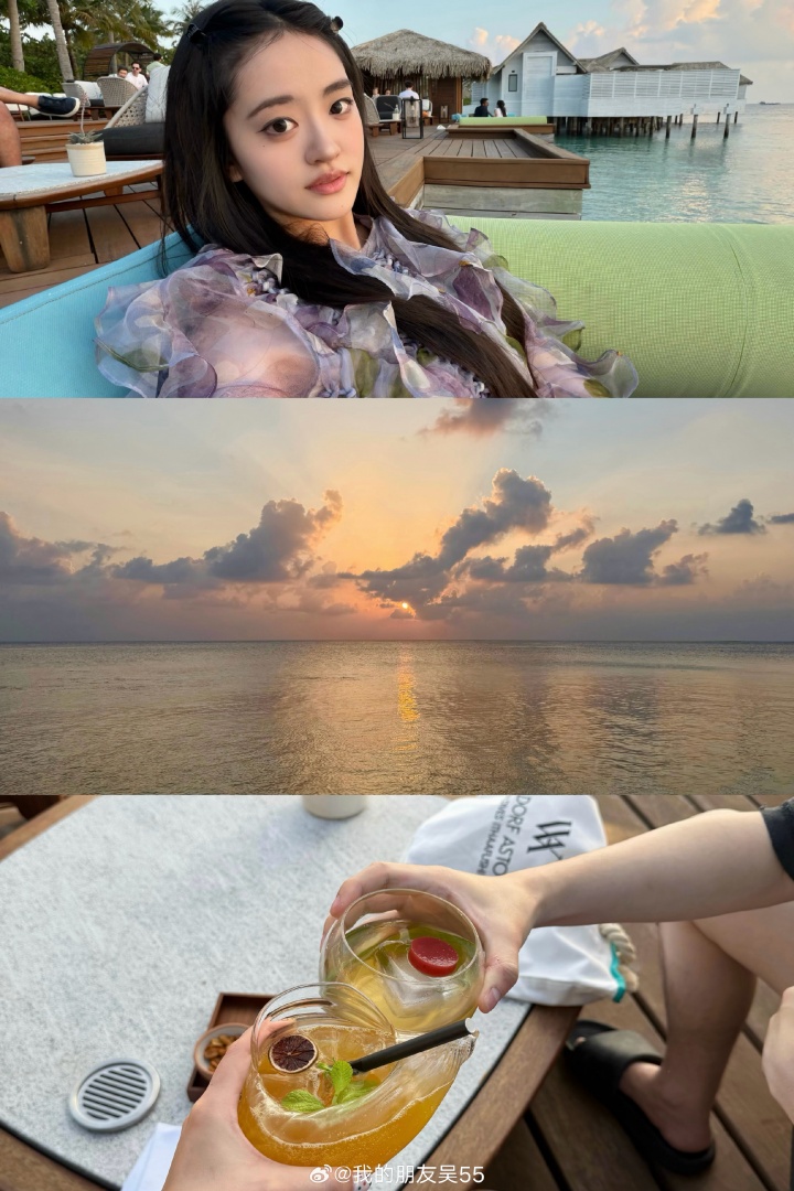 【QY球友会】JackeyLove女友吴55分享马尔代夫旅游照：身旁碰杯的人疑似JKL