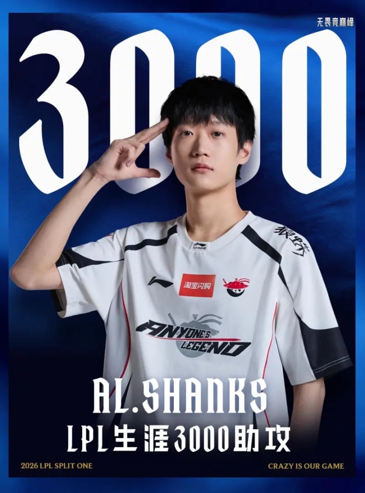 【QY球友会】LPL赛程里程碑：Shanks选手达成LPL3000助攻成就