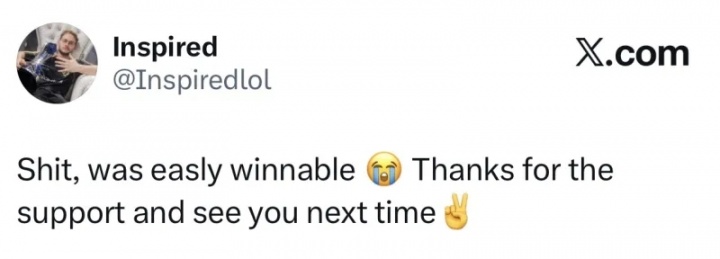 【QY球友会】你还委屈上了?Inspired更新社媒:可恶,本来可以赢的,下次见