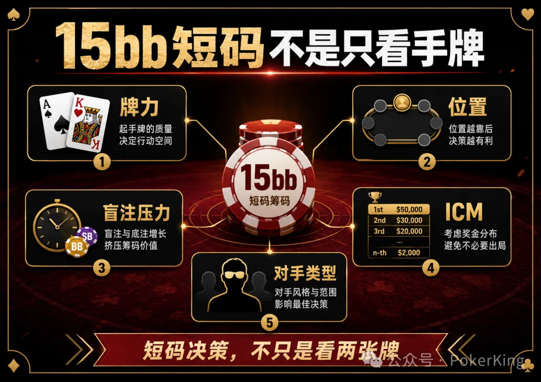 【EV扑克】决赛桌剩15bb拿到AK，推还是加注？短码决策不是看牌力，是看这五件事