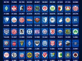 【QY球友会】德国球队本赛季平均上座人数排行：多特80783人居首，拜仁第二