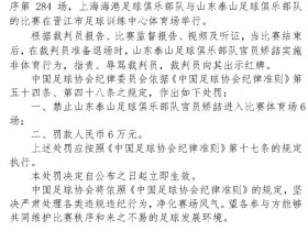 【QY球友会】官方：泰山队官员矫喆指责、辱骂裁判员，停赛6场罚款6万元