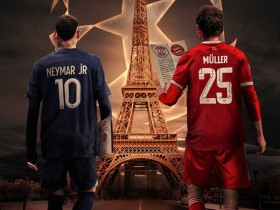 【QY球友会】拜仁晒欧冠客战巴黎赛前海报：穆勒、内马尔并肩走向埃菲尔铁塔