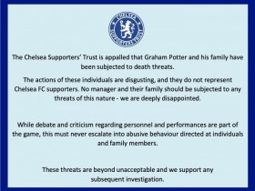 【QY球友会】切尔西球迷信托基金：对波特及其家人的死亡威胁不可接受，请彻查