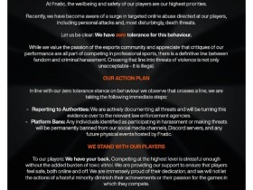 【QY球友会】FNC俱乐部发布声明保障选手安全:对网络暴力与死亡威胁零容忍