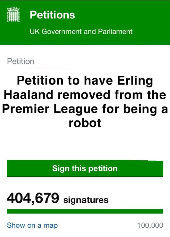 40万人签名请愿要求将哈兰德从英超除名？该请愿书已被“除名”