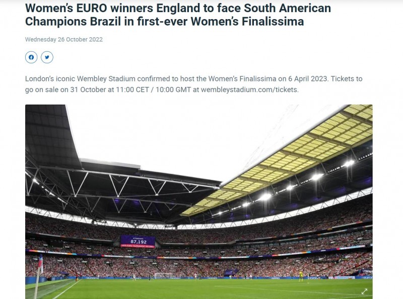 官方：首届女足欧美杯将于明年8月进行，交战双方为英格兰和巴西